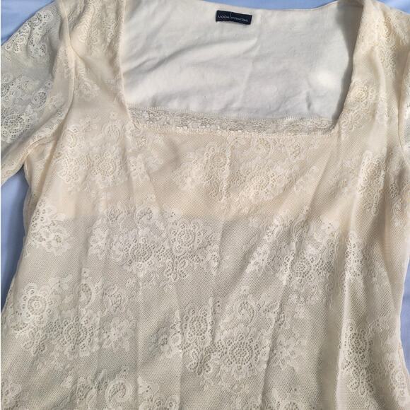 Y2k Sheer Lace Square Neck Long Sleeve Top Size XL Cream Coquette Dainty Boho - Picture 3 of 10